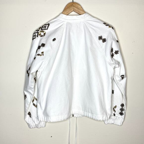Chicos White Denim Embellished Bomber Jacket Aztec Southwestern NWT - Picture 6 of 10